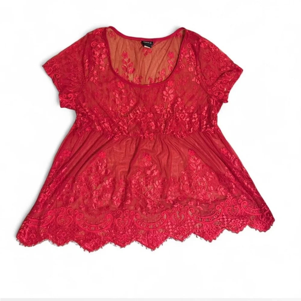 Torrid Red Lace Short Sleeve Babydoll Sheer Blouse - Picture 2 of 6